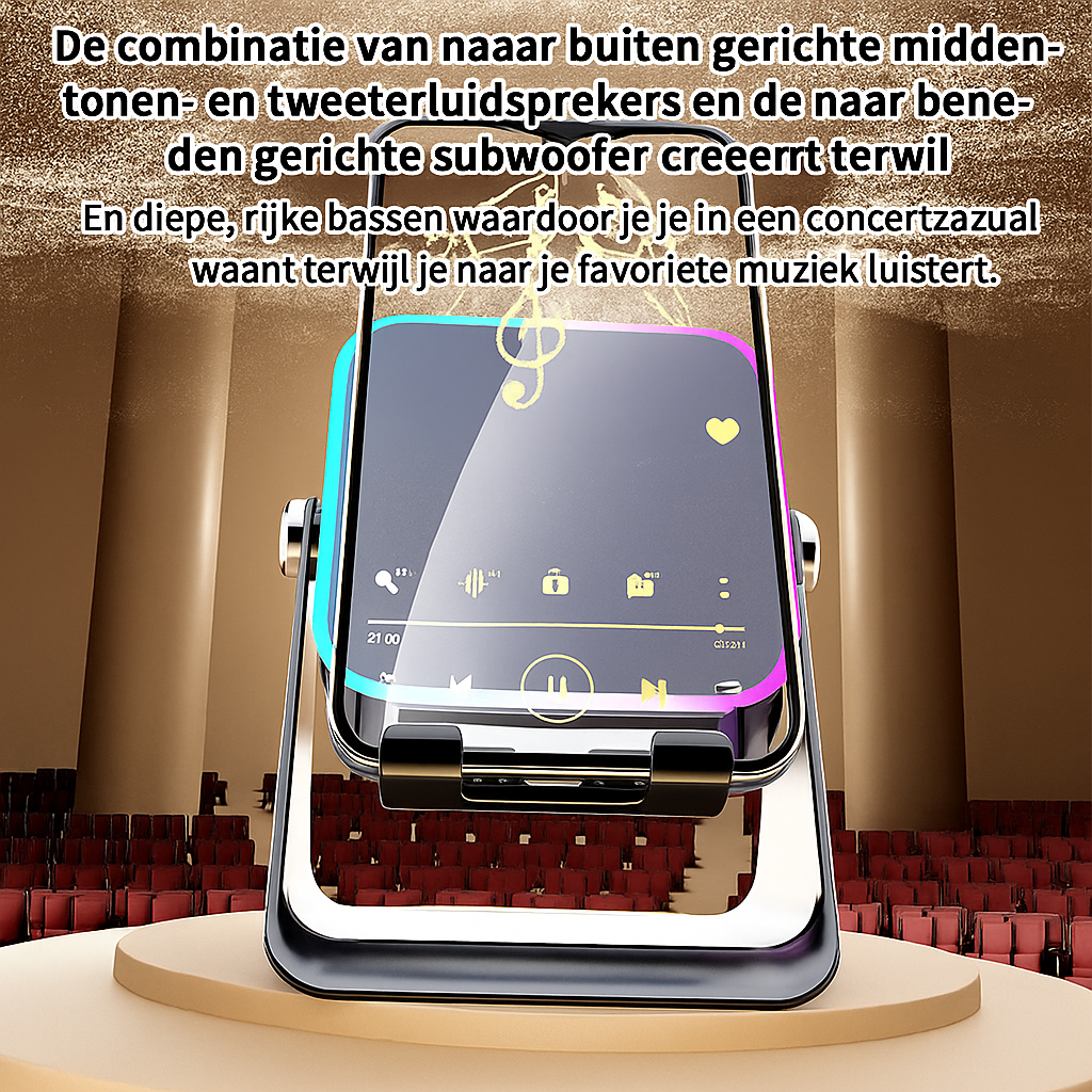 5-in-1 Draadloze Inductie Bluetooth-Luidspreker met Verstelbare Telefoonstandaard