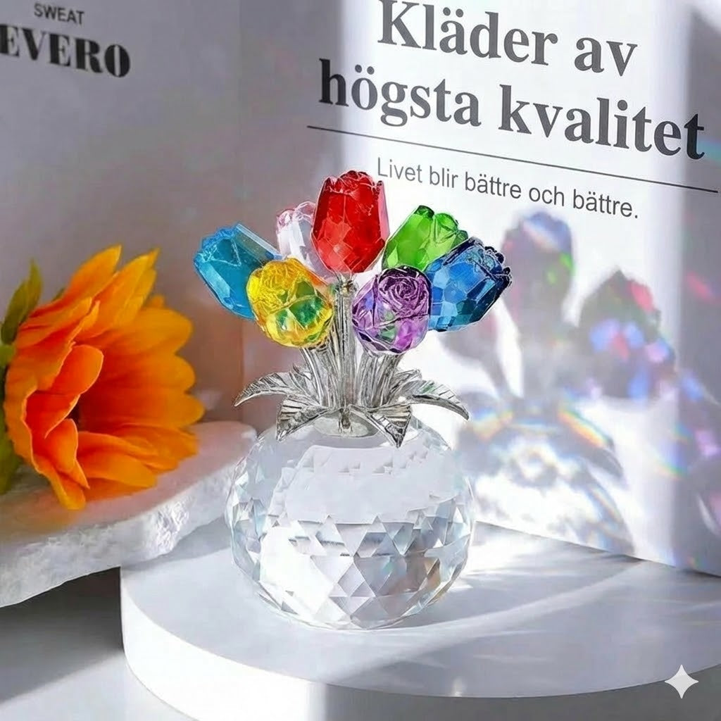 Kristall färgglad rosenblomma samlarfigur med vas