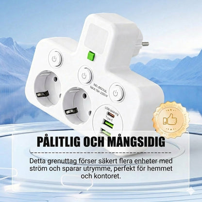 Platsbesparande grenuttag med belysning och USB