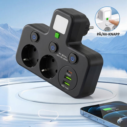 Platsbesparande grenuttag med belysning och USB