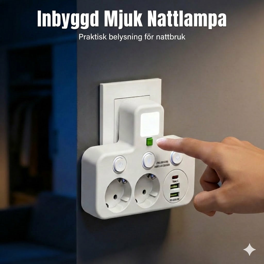 Platsbesparande grenuttag med belysning och USB